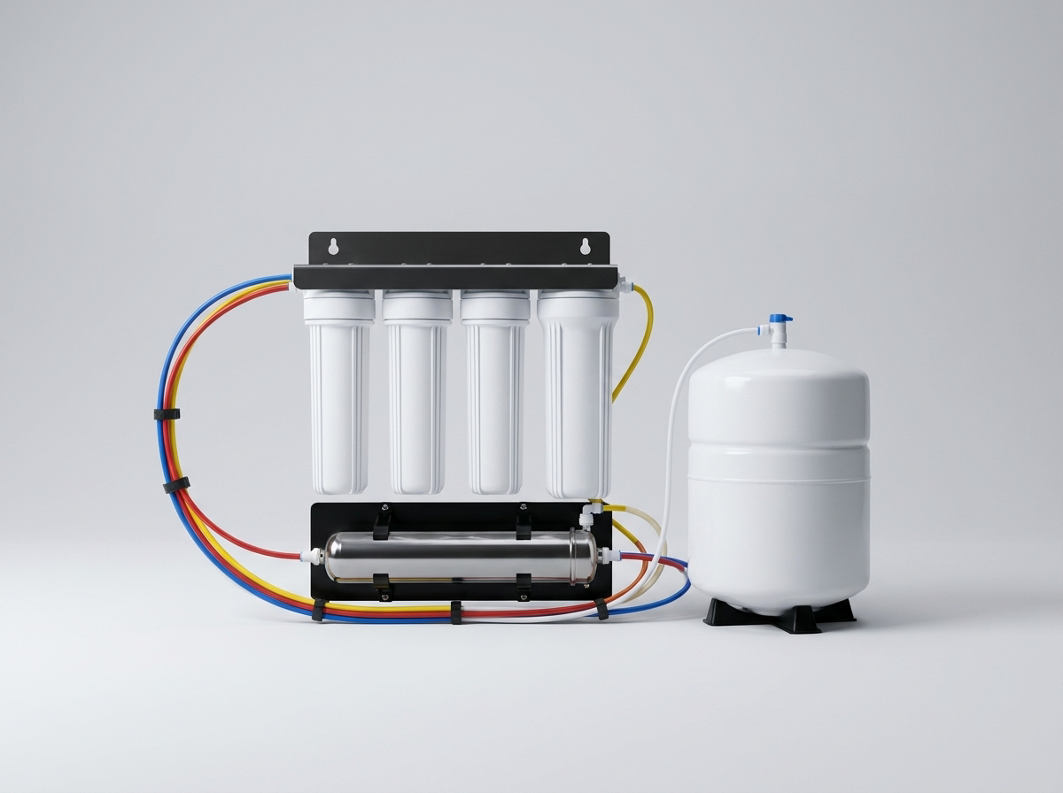 Clara Under-Sink RO — full system studio shot with filter stack, tank and tubing