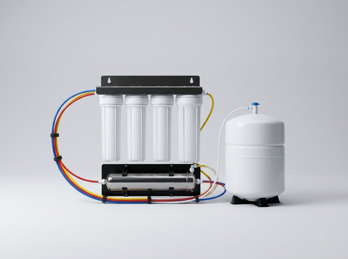Clara Under-Sink RO — full system studio shot with filter stack, tank and tubing