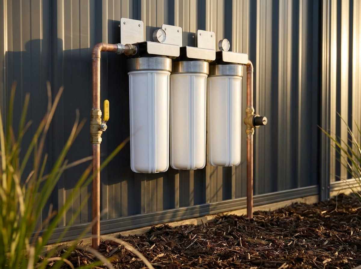Kelpie Whole-Home — copper riser, brass valve and gauge detail at the garden fence in golden-hour light