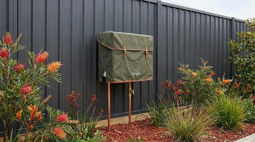 Kelpie Whole-Home wearing its canvas coat at the fence line, connected from the ground near the water meter