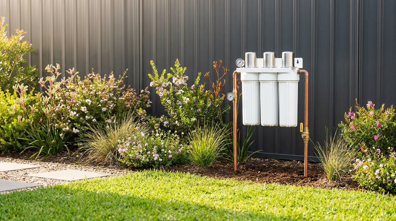 Kelpie Whole-Home at the property boundary — white three-canister unit on copper risers from the ground beside the garden fence