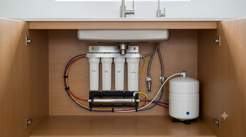 Clara Under-Sink RO — 4-stage reverse osmosis filter stack and pressure tank under a sink